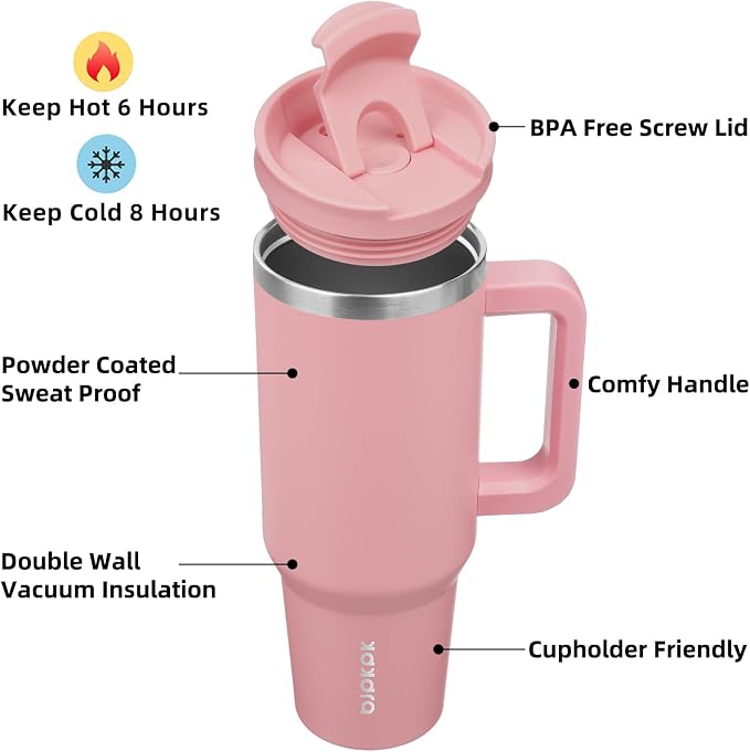 BJPKPK Insulated Tumblers With Handle And Straw 40 oz Stainless Steel Tumbler Cups With Lid,Light Pink - Image 2