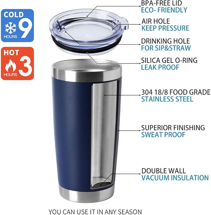 HASLE OUTFITTERS 20oz Tumblers Stainless Steel Mugs with Lid Double Wall Vacuum Insulated Coffee Cups for Cold & Hot Drinks (20oz-Navy, 12 Pack) - Image 3