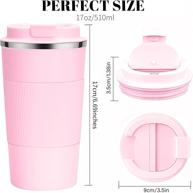 YINBAOGE Insulated Travel Coffee Mug, Spill & Leak Proof, Portable To Go Camping Stainless Steel Coffee Tumbler, Reusable Thermal Coffee Cup with Lid for Hot & Cold Drinks (Pink, 17 OZ) - Image 3