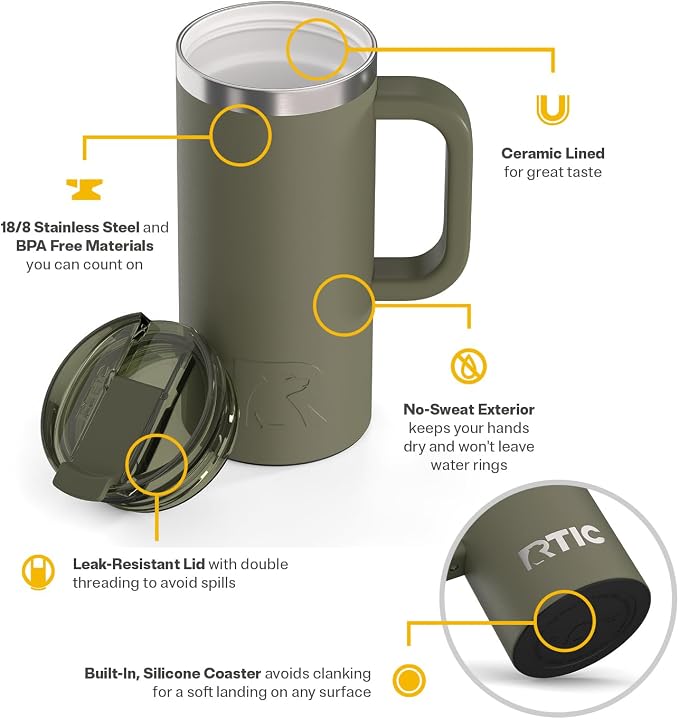 RTIC 16oz Road Trip Travel Mug with Lid and Handle, Ceramic Lined, Insulated, Stainless Steel, Metal, Double Wall Vacuum-Insulation, Portable Coffee, Tea Cup for Hot and Cold Drink, Olive - Image 3