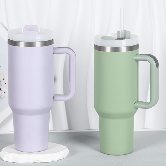 4 Pack 40 Oz Tumbler with Handle Bulk, Double Wall Vacuum Insulated Stainless Steel Tumbler with Lid and Straw, 40 oz cup with Silicone Spill Proof Stopper Set (Cream,Purple,Dark Green,Rose Quartz) - Image 2