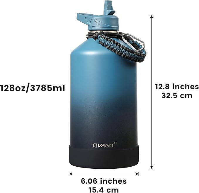 CIVAGO Gallon Insulated Water Bottle Jug with Straw, 128 oz Large Stainless Steel Water Flask, Big Metal Thermal Mug with 3 Lids for Sports, Travel, Gym, and Camping, Indigo Black - Image 4