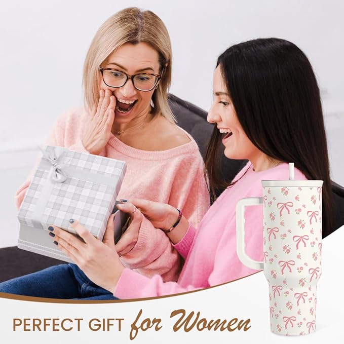 Bow Tumbler with Handle 40oz, Stainless Steel Insulated Tumblers Coffee Travel Cup with Slider Straw Lid, Gifts for Women Teen Girls Birthday - Image 8