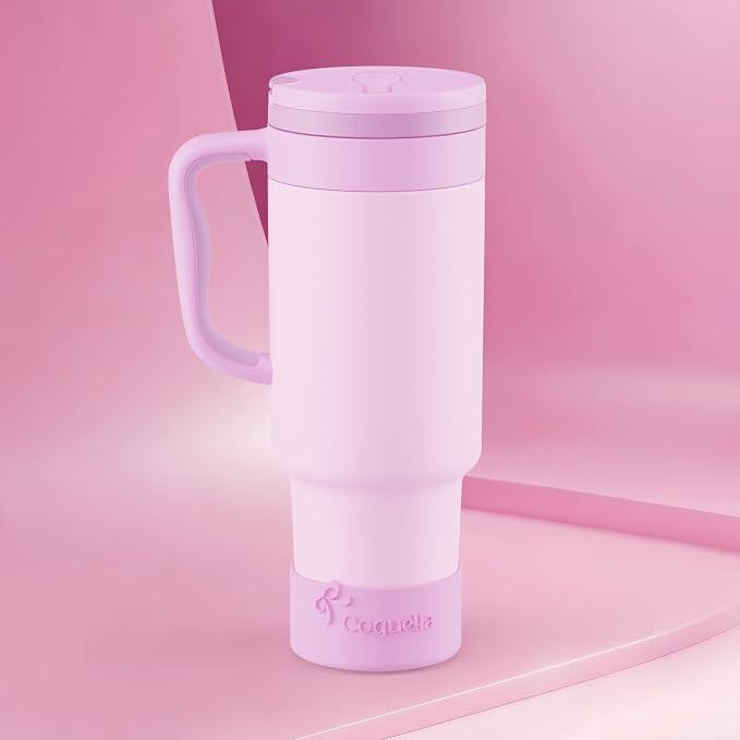 40 oz Insulated Tumbler with Handle and Push-Button Straw Lid, Stainless Steel Travel Cup for Gym Office, Leakproof, BPA-Free, Cup Holder Friendly, Bow Silicone Boot, Purple (Light Lilac) - Image 2