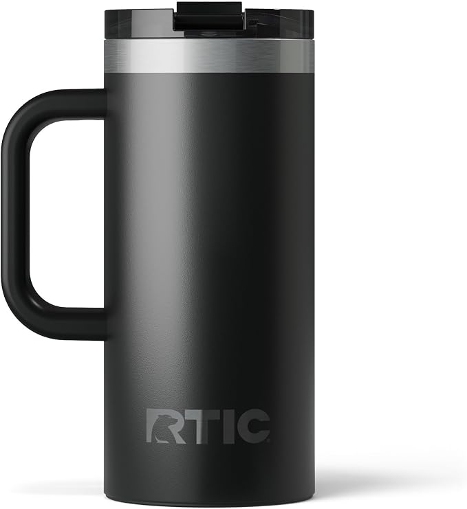 RTIC 16oz Road Trip Travel Mug with Lid and Handle, Ceramic Lined, Insulated, Stainless Steel, Metal, Double Wall Vacuum-Insulation, Portable Coffee, Tea Cup for Hot and Cold Drink, Black by RTIC