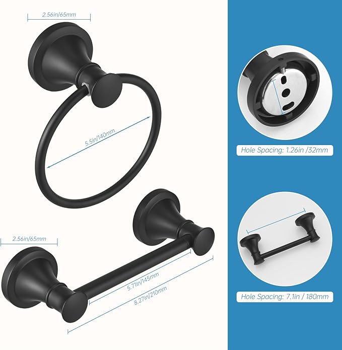 RUMOSE Toilet Paper Holder and Hand Towel Ring Matte Black Wall Mount Bathroom - Image 5