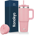 Konokyo 30 oz Tumbler with Handle and 2 Straws,2 in 1 Lid Insulated Water Bottle Stainless Steel Travel Coffee Mug,Pink by Konokyo