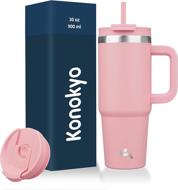 Konokyo 30 oz Tumbler with Handle and 2 Straws,2 in 1 Lid Insulated Water Bottle Stainless Steel Travel Coffee Mug,Pink by Konokyo