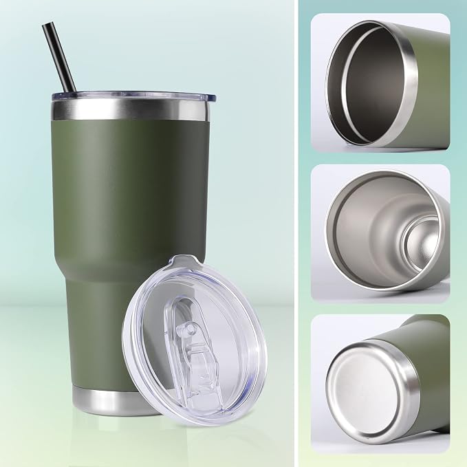 DOMICARE 30 oz Tumbler with Lid and Straw, Stainless Steel Tumblers Bulk, Insulated Vacuum Double Wall Travel Coffee Mug, Durable Powder Coated Tumbler Cup (Army Green, 1) - Image 5