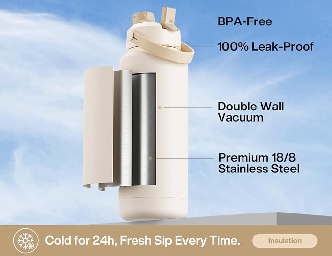 POWCAN 40 oz Insulated Water Bottle with 2-in-1 Straw and Spout Lid, Keep Cold 24H, Leak-Proof, BPA-Free, Double Wall Stainless Steel Water Bottle for Sports, Gym, Travel, and School (Mousse) - Image 2