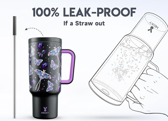 Meoky 40 oz Glow in the Dark Tumbler with Handle and Straw, Tumbler with Lid and Straw, Insulated Stainless Steel Travel Mug, 100% Leak-proof, Keeps Cold for 34 Hours (Butterfly) - Image 3