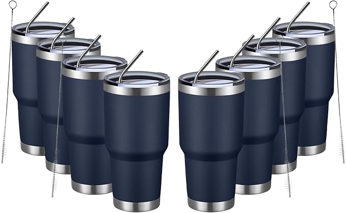 MEWAY 30oz Insulated Tumbler With Lids and Straws,Stainless Steel Double Vacuum Coffee Tumbler Cup, Brush, Durable Powder Coated Coffee Cup for Cold & Hot Drinks(Navy,8 PACK) by MEWAY