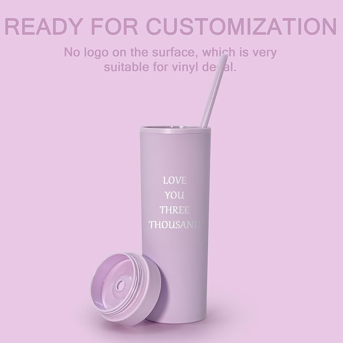 sweet grain Skinny Tumblers with Lids and Straws(6 Pack) - 16oz Matte Pastel Colored Skinny Acrylic Tumblers, Double Wall Plastic Tall Skinny Tumblers Bulk for Cold Hot Drinks - Purple - Image 5