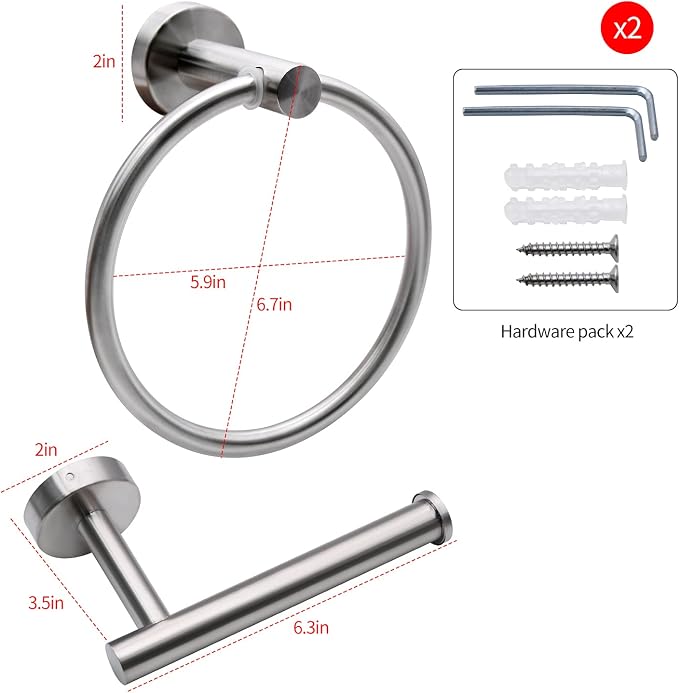 2pcs Brushed Nickel Toilet Paper Holder and Towel Ring Set, Stainless Steel - Image 5