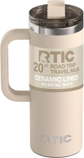 RTIC 20oz Road Trip Travel Mug with Lid and Handle, Ceramic Lined, Insulated, Stainless Steel, Metal, Double Wall Vacuum-Insulation, Portable Coffee, Tea Cup for Hot and Cold Drink, Beach by RTIC