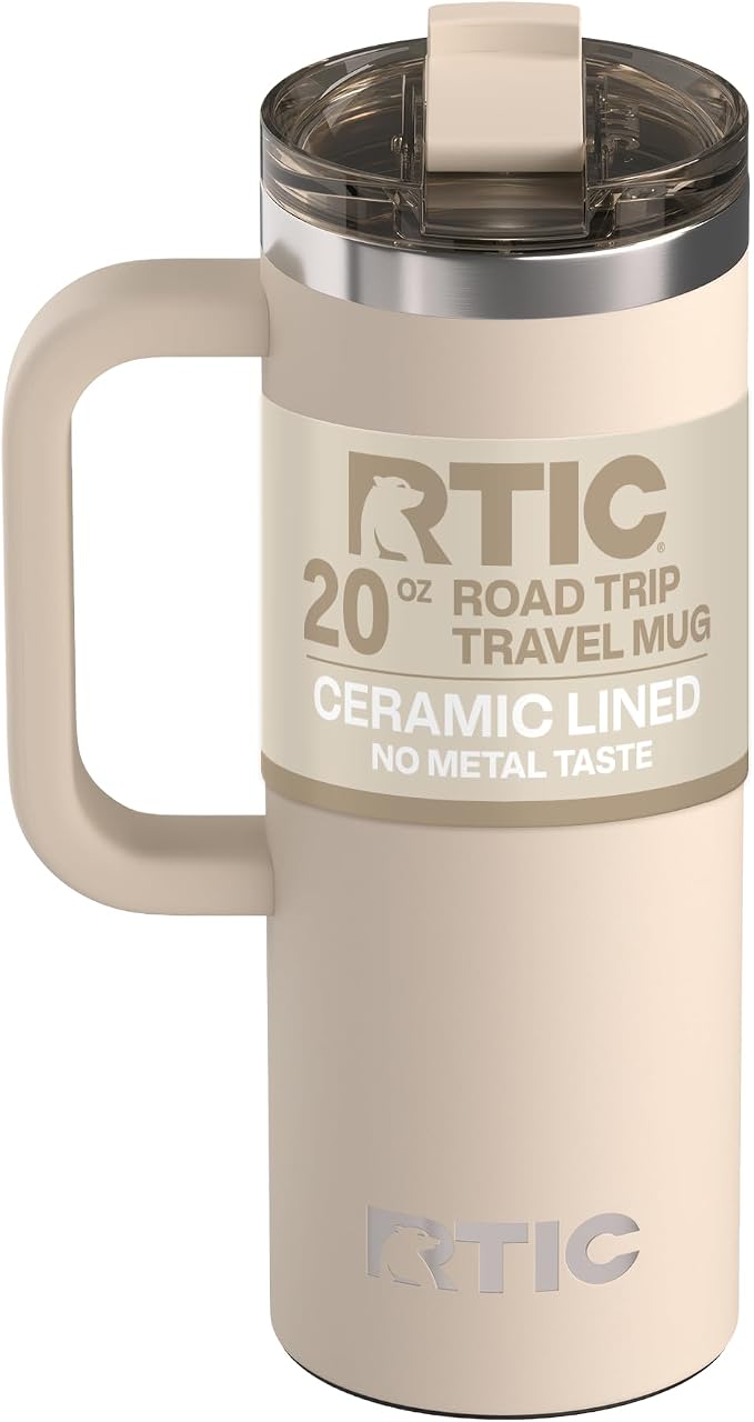RTIC 20oz Road Trip Travel Mug with Lid and Handle, Ceramic Lined, Insulated, Stainless Steel, Metal, Double Wall Vacuum-Insulation, Portable Coffee, Tea Cup for Hot and Cold Drink, Beach by RTIC