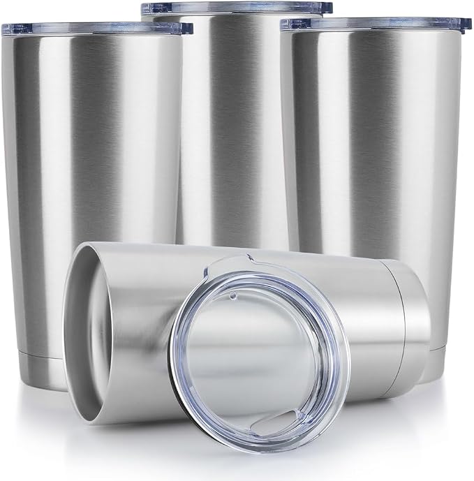 DOMICARE 20oz Stainless Steel Tumbler Bulk with Lid, Double Wall Vacuum Insulated Travel Mug, Powder Coated Coffee Cup, Stainless Steel, 4 Pack by VisittheDOMICARE