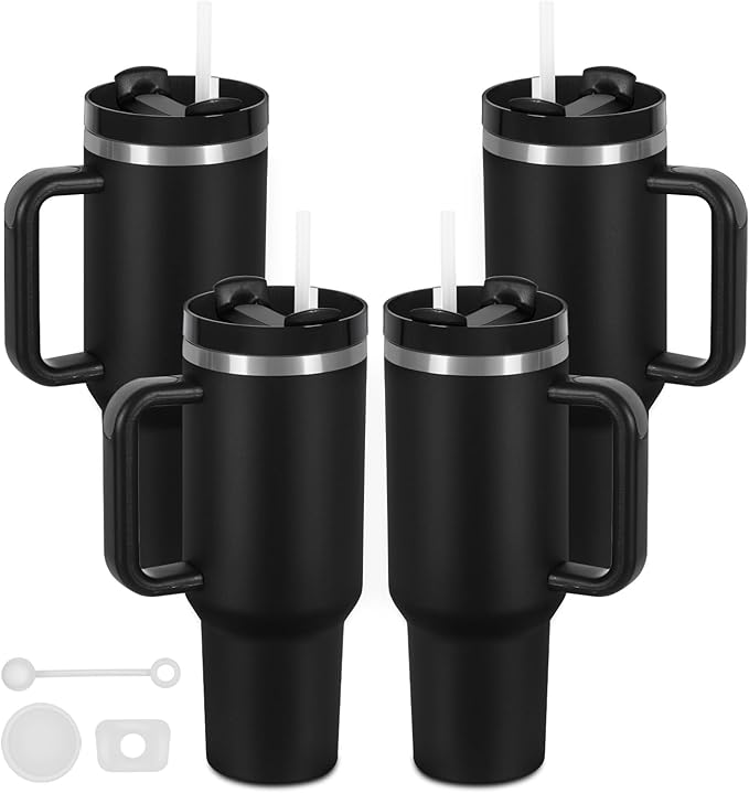 4 Pack 40 Oz Tumbler with Handle Bulk, Double Wall Vacuum Insulated Stainless Steel Tumbler with Lid and Straw, 40 oz cup with Silicone Spill Proof Stopper Set (Black) by Temolulu