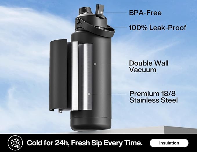 POWCAN 40 oz Insulated Water Bottle with 2-in-1 Straw and Spout Lid, Keep Cold 24H, Leak-Proof, BPA-Free, Double Wall Stainless Steel Water Bottle for Sports, Gym, Travel, and School (Dark Knight) - Image 2