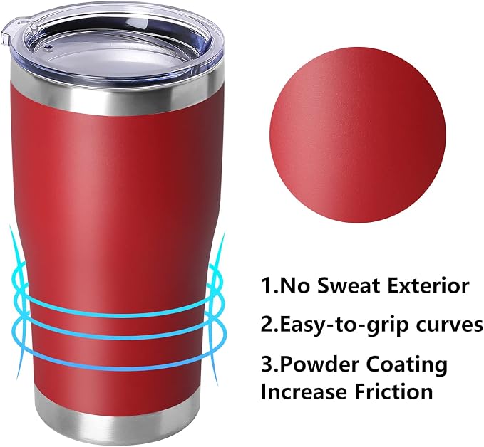 DOMICARE 20oz Tumbler with Lid Stainless Steel Tumblers Bulk, Double Wall Vacuum Insulated Coffee Travel Mug Powder Coated Tumbler, 1 Count (Pack of 1) Red - Image 2