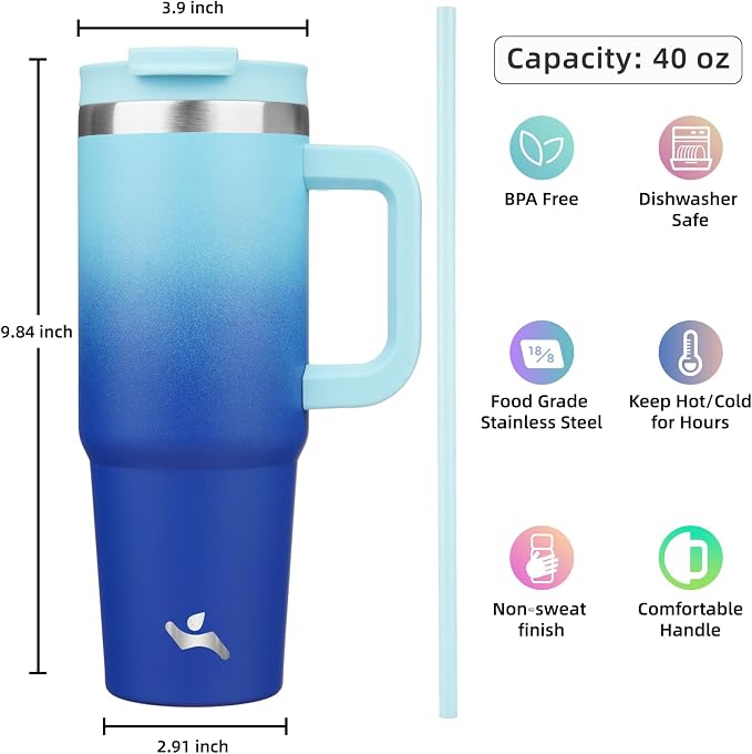 Konokyo 40 oz Tumbler with Handle and 2 Straws,2 in 1 Lid Insulated Water Bottle Stainless Steel Travel Coffee Mug,Sky - Image 4