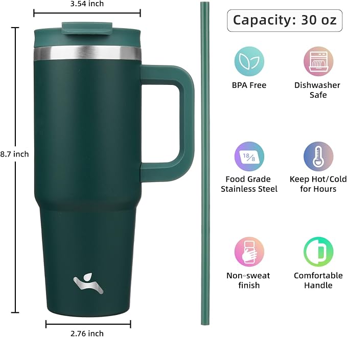 Konokyo 30 oz Tumbler with Handle and 2 Straws,2 in 1 Lid Insulated Water Bottle Stainless Steel Travel Coffee Mug,Dark Green - Image 4