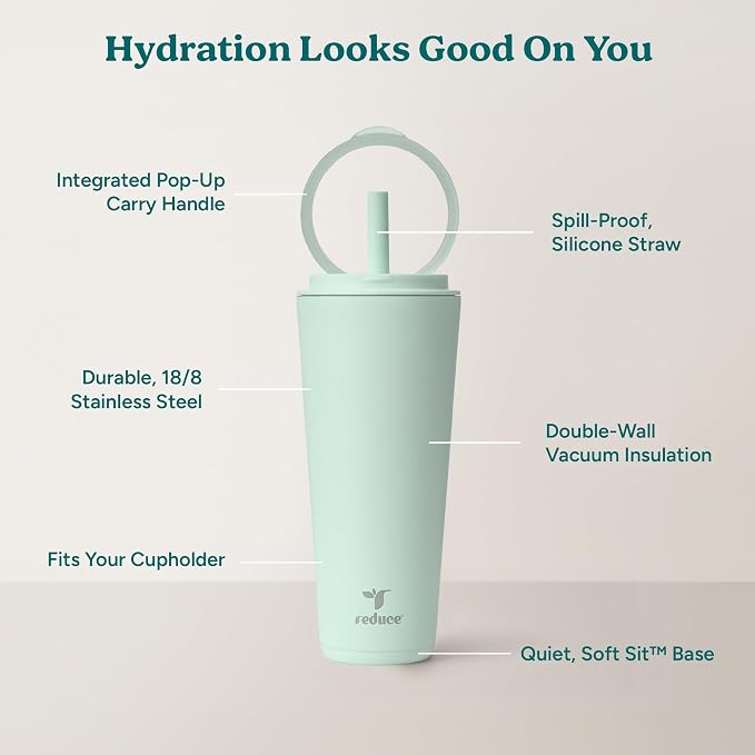 REDUCE Halo 32 oz Stainless Steel Vacuum Insulated Tumbler - Spill Proof Travel Mug with Flip Handle Lid - Keeps Drinks Cold for 32 Hrs - Dishwasher Safe - Cupholder Friendly - Sea Glass - Image 4