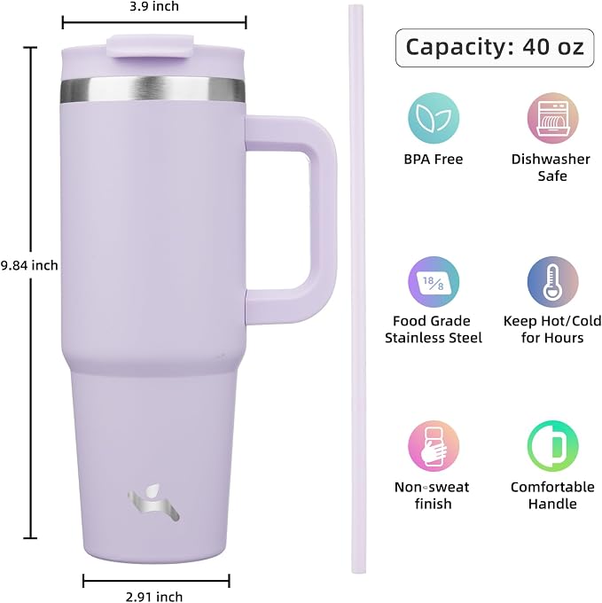 Konokyo 40 oz Tumbler with Handle and 2 Straws,2 in 1 Lid Insulated Water Bottle Stainless Steel Travel Coffee Mug,Wisteria - Image 4
