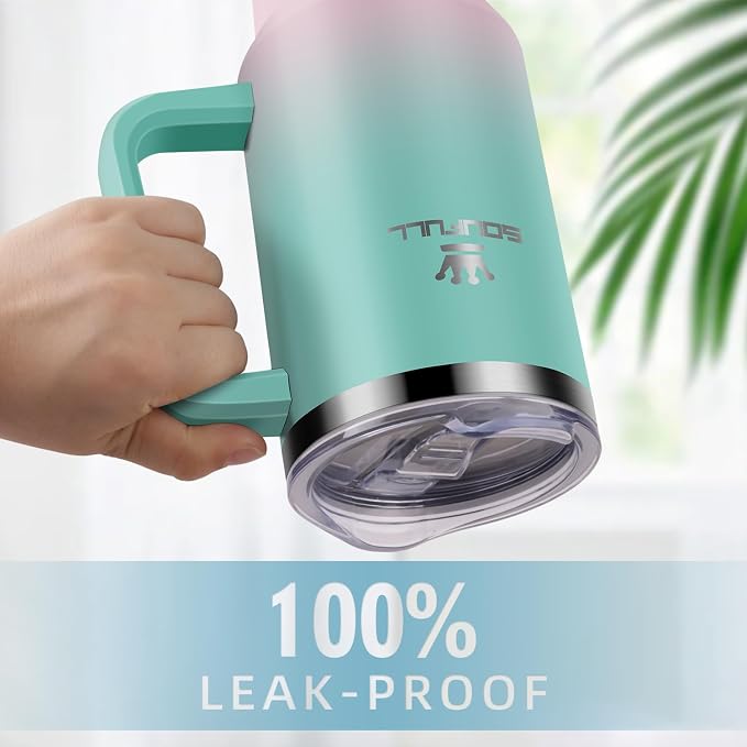 40 oz Tumbler with Handle and Straw Lid, 100% Leak-proof Travel Coffee Mug, Stainless Steel Insulated Cup for Hot Cold Beverages, Keeps Cold for 34Hrs or Hot for 10Hrs, Dishwasher Safe (GreenPink) - Image 3