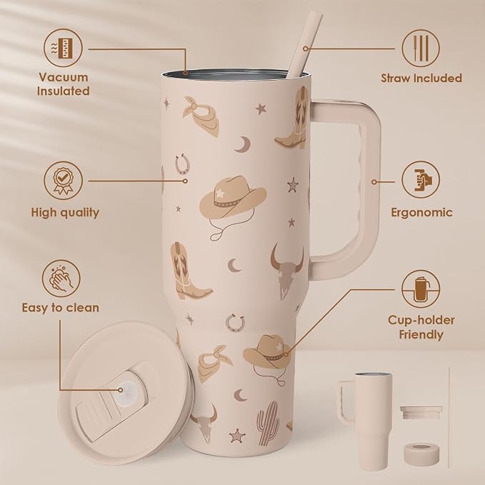 SANDJEST Cowgirl Tumbler 40oz for Women Girls – Stainless Steel Travel Coffee Mug Cup with Handle and Straw, Gift for Birthday Christmas - Image 2