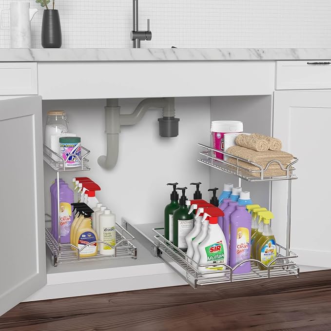 OCG Under Sink Cabinet Organizer Two Tier Pull Out Shelf, Under Sink Sliding - Image 2