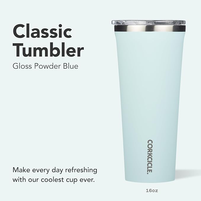 Corkcicle Classic Tumbler - Keeps Drinks Cold for 9 Hours & Hot for 3 - Triple-Insulated Stainless Steel - Holiday Tumbler Gift - 16 oz - Gloss Powder Blue - Image 2