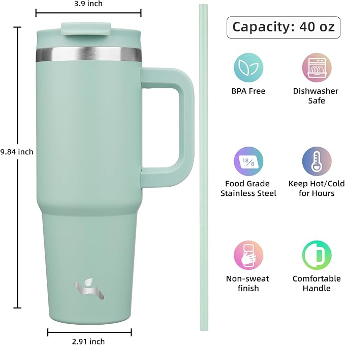 Konokyo 40 oz Tumbler with Handle and 2 Straws,2 in 1 Lid Insulated Water Bottle Stainless Steel Travel Coffee Mug,Retro Green - Image 4