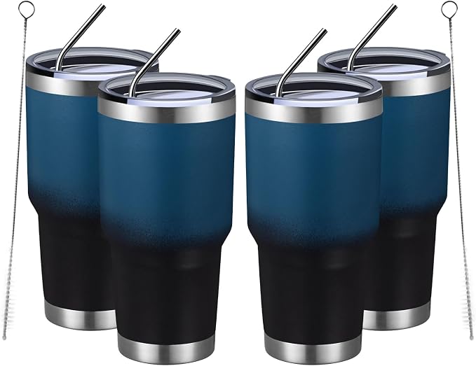 MEWAY 30oz Insulated Tumbler With Lids and Straws,Stainless Steel Double Vacuum Coffee Tumbler Cup, Brush, Durable Powder Coated Coffee Cup for Cold & Hot Drinks, Office, Travel(Blue Black,4 PACK) by MEWAY