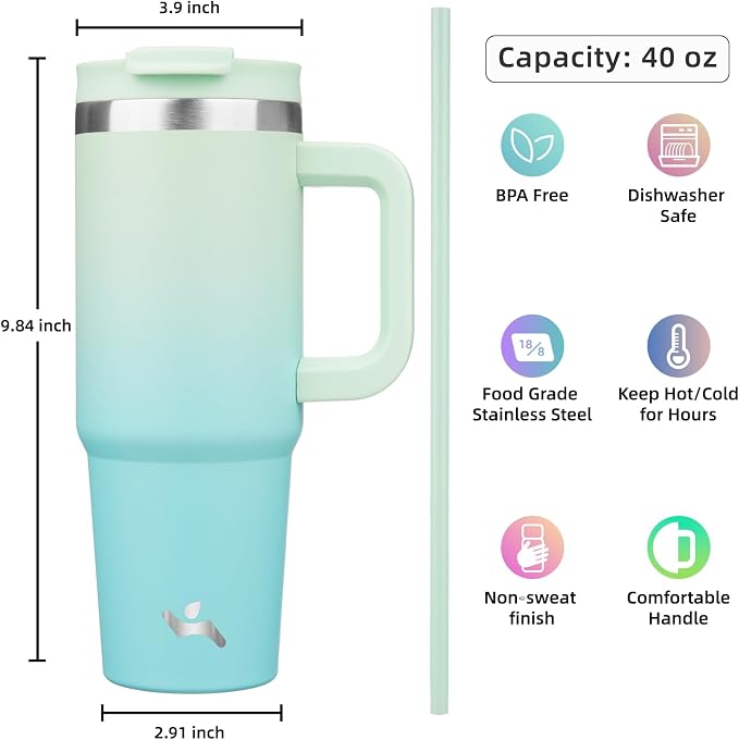 Konokyo 40 oz Tumbler with Handle and 2 Straws,2 in 1 Lid Insulated Water Bottle Stainless Steel Travel Coffee Mug,Mint - Image 4