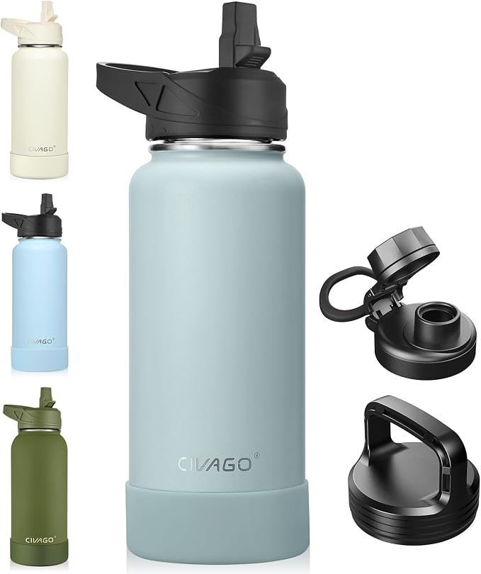 CIVAGO 32 oz Insulated Water Bottle With Straw, Stainless Steel Sports Water Cup Flask with 3 Lids (Straw, Spout and Handle Lid), Wide Mouth Travel Thermal Mug, Sage by CIVAGO