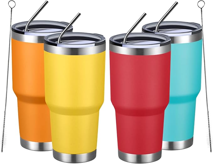 MEWAY 30oz Insulated Tumbler With Lids and Straws,Stainless Steel Double Vacuum Coffee Tumbler Cup, Brush, Durable Powder Coated Coffee Cup for Cold & Hot Drinks, Office, Travel(mixture,4 PACK) by MEWAY