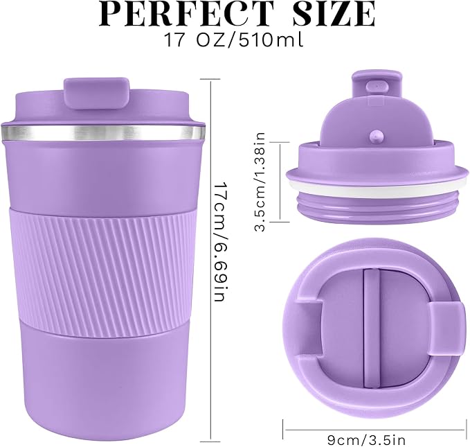 YINBAOGE Insulated Travel Coffee Mug, Spill & Leak Proof, Portable To Go Camping Stainless Steel Coffee Tumbler, Reusable Thermal Coffee Cup with Lid for Hot & Cold Drinks (Purple, 17 OZ) - Image 3