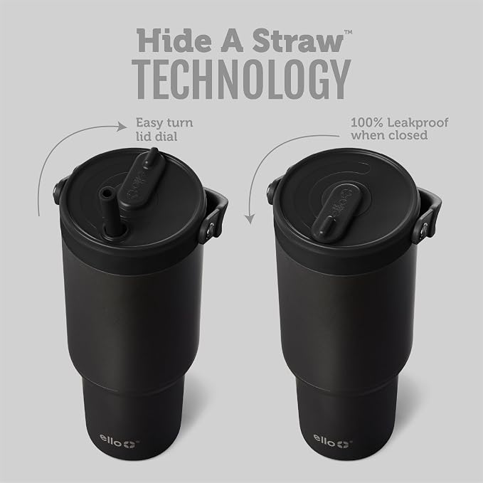 Ello Oasis Go+ 32oz Tumbler with Top Handle and Retracting Straw | Reusable Insulated Stainless Steel Cup, 100% Leakproof Water Bottle, 24 Hours Cold, Cup Holder Friendly For Travel | Black - Image 2