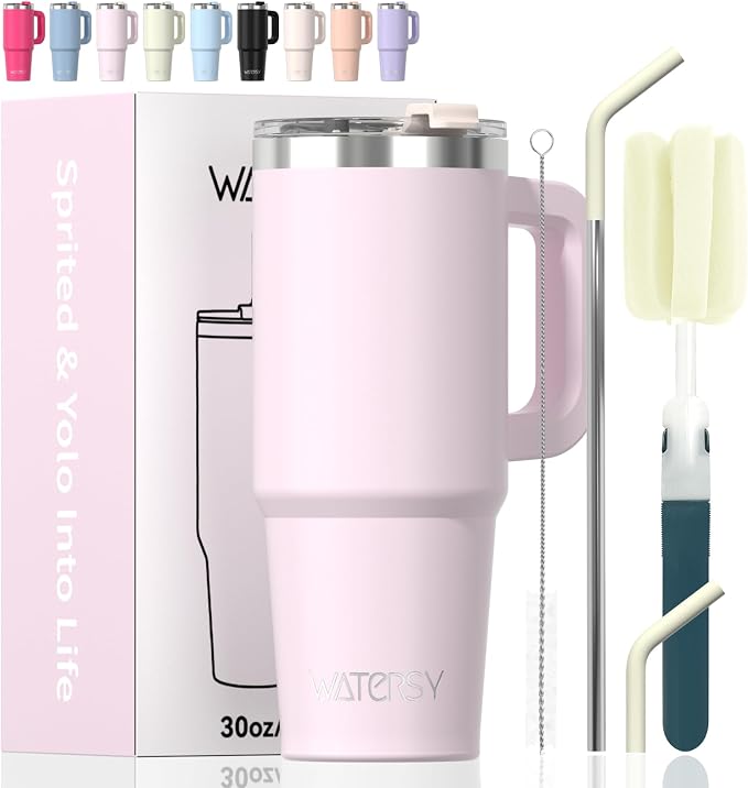 20 oz Tumbler with Handle,Tumbler with Lid and Straw,Double Wall Insulated Cup Stainless Steel Travel Mug(Cold for 34 Hours),Water Bottle for Iced Tea,Coffee,Cold Beverages(Rose Quartz) by Watersy