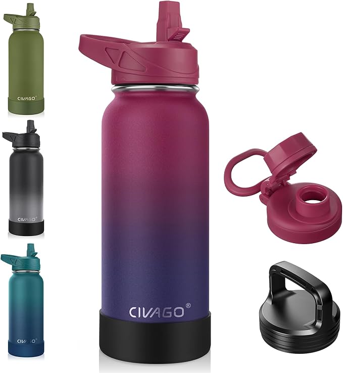 CIVAGO 32 oz Insulated Water Bottle With Straw, Stainless Steel Sports Water Cup Flask with 3 Lids (Straw, Spout and Handle Lid), Wide Mouth Travel Thermal Mug, Dark Rainbow by CIVAGO