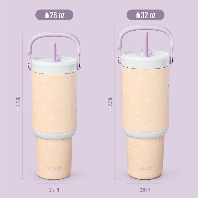 Ello Oasis Go+ 26oz Tumbler with Top Handle and Retracting Straw | Reusable Insulated Stainless Steel Cup, 100% Leakproof Water Bottle, 24 Hours Cold, Cup Holder Friendly For Travel | Daisies - Image 7