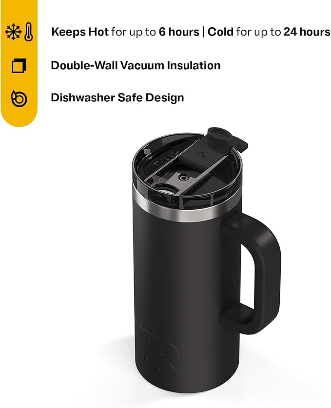 RTIC 16oz Road Trip Travel Mug with Lid and Handle, Ceramic Lined, Insulated, Stainless Steel, Metal, Double Wall Vacuum-Insulation, Portable Coffee, Tea Cup for Hot and Cold Drink, Black - Image 2