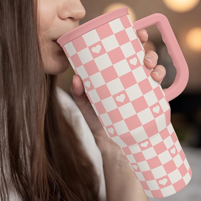 40oz Checkered and Heart Tumbler with Handle and Straw - Insulated Stainless Steel Travel Coffee Mug for Women Girls, Gift for Birthday, Christmas - Image 7