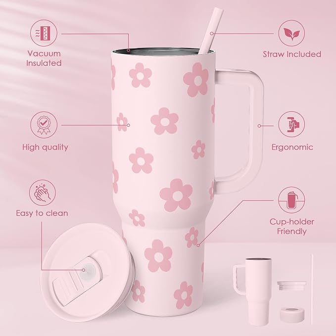 Floral Tumbler with Handle and Straw 40oz Stainless Sleel Slider Tumbler Travel Coffee Mug for Women - Gift Idea for Birthday Christmas - Image 2