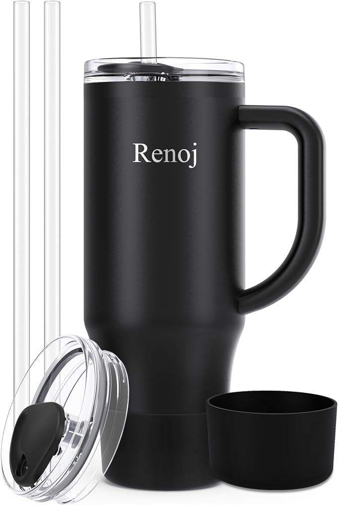 Renoj Insulated Mug 100% Spill Resistant Insulated Water Bottle for Iced Coffee & Hot Drinks - Fits Car Cup Holder, Ideal Gift, 2 Straws & Silicone Boot - FlexSlide White 40 oz by VisittheRenoj