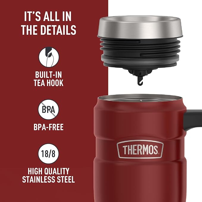 THERMOS Stainless King Vacuum-Insulated Travel Mug with Handle - 16oz, Rustic Red - Thermos Tumbler for Hot & Cold Drinks - Leak-Proof & Sweat-Proof Stainless Steel Coffee Mug with Lid for Commuting - Image 4