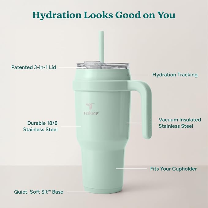 REDUCE Cold1 40 oz Tumbler with Handle - Vacuum Insulated Stainless Steel Water Bottle for Home, Office or Car, Reusable Mug with Straw or Leakproof Flip Lid, Keeps Drinks Cold All Day-Gloss Sea Glass - Image 4