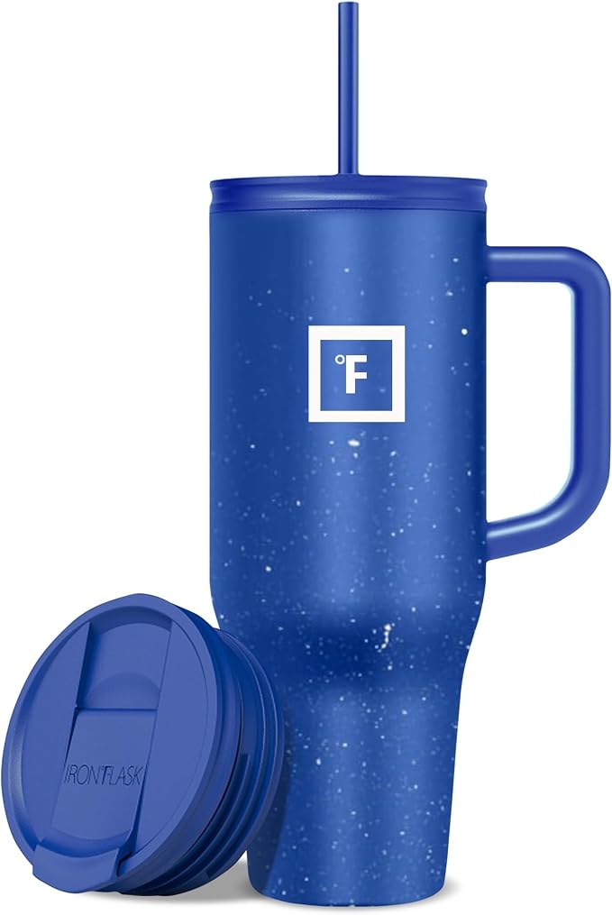 IRON °FLASK Co-Pilot Insulated Mug w/Straw & Flip Cap Lids - Cup Holder Bottle for Hot, Cold Drink - Leak-Proof- Water, Coffee Portable Travel Tumbler - Cobalt Blue Speckle, 40 Oz by IronFlask