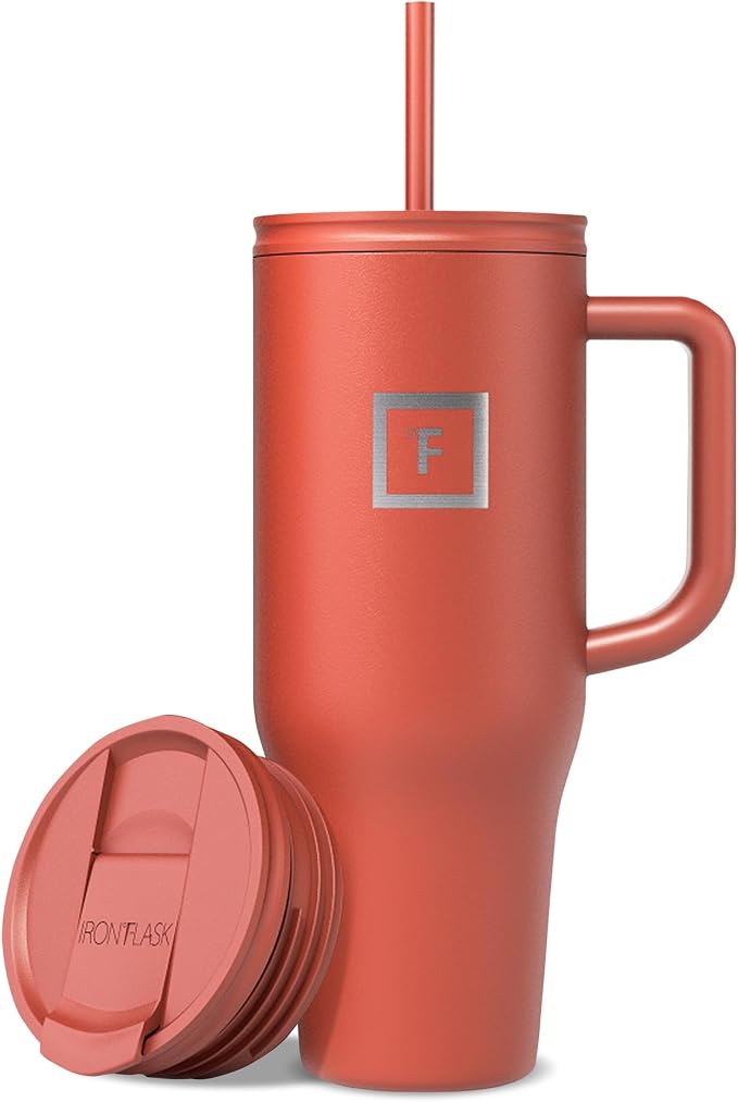IRON °FLASK Co-Pilot Insulated Mug w/Straw & Flip Cap Lids - Cup Holder Bottle for Hot, Cold Drink - Leak-Proof- Water, Coffee Portable Travel Tumbler - Rusty Red, 40 Oz by IronFlask